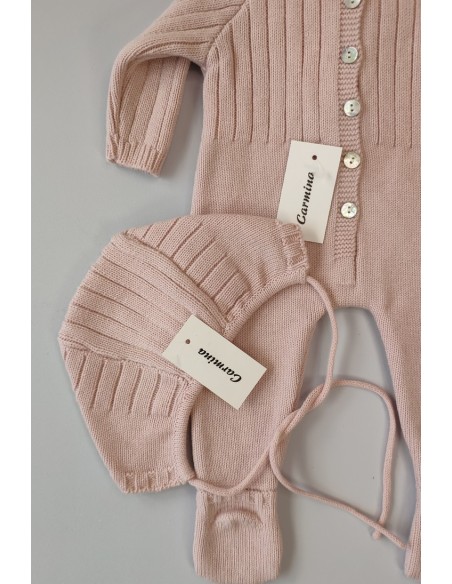 PELELE NIÑA DE PUNTO CON CAPOTA, ROSA PALO. INVIERNO.
