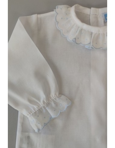 CAMISA BORDADA TOPITOS C."BASICS", BCO/CELESTE. INVIERNO 23.