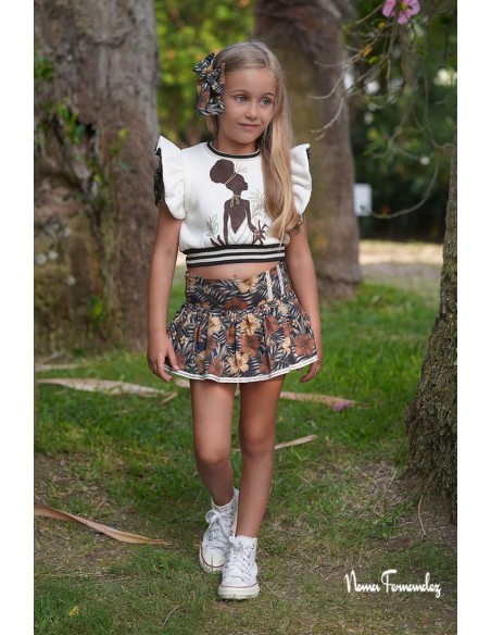 CONJUNTO NIÑA BOMBACHO ESTAMPADO Y CHALECO COLECCIÓN "NILO" DE NOMA FERNÁNDEZ. VERANO 24.