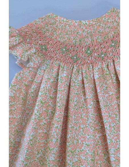 VESTIDO PUNTO SMOCK FLORES, NARANJA. VERANO 24.