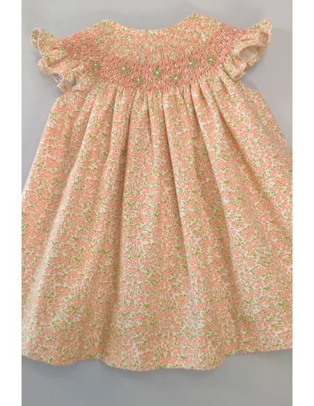 VESTIDO PUNTO SMOCK FLORES, NARANJA. VERANO 24.