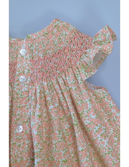 VESTIDO PUNTO SMOCK FLORES, NARANJA. VERANO 24.