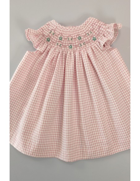 VESTIDO SEERSUCKER VICHY PUNTO SMOCK, ROSA. VERANO 24.