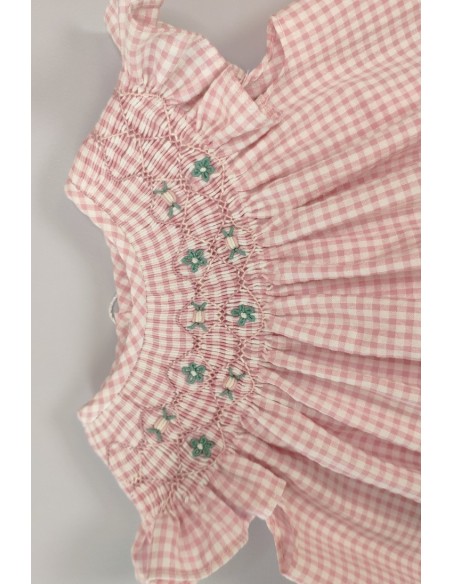 VESTIDO SEERSUCKER VICHY PUNTO SMOCK, ROSA. VERANO 24.