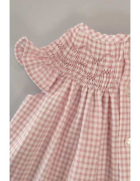 VESTIDO SEERSUCKER VICHY PUNTO SMOCK, ROSA. VERANO 24.
