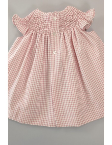 VESTIDO SEERSUCKER VICHY PUNTO SMOCK, ROSA. VERANO 24.