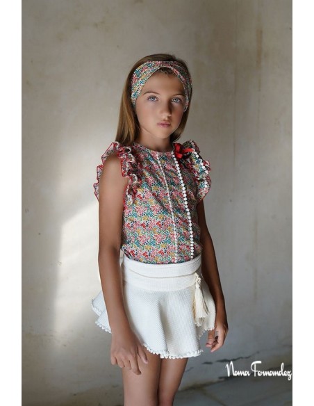 CONJUNTO NIÑA BOMBACHO Y BLUSA COLECCIÓN "REBEL", ROJO. NOMA FERNÁNDEZ.VERANO 24.