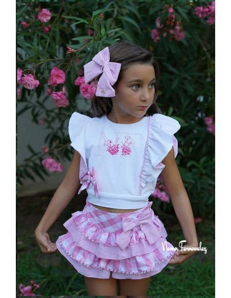 CONJUNTO NIÑA BOMBACHO Y CHALECO COLECCIÓN "ÁGATA", NOMA FERNÁNDEZ.VICHY ROSA. VERANO 24.