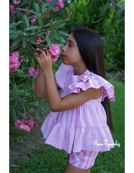 CONJUNTO NIÑA SHORT Y BLUSÓN COLECCIÓN "ÁGATA",VICHY ROSA.NOMA FERNÁNDEZ. VERANO 24.