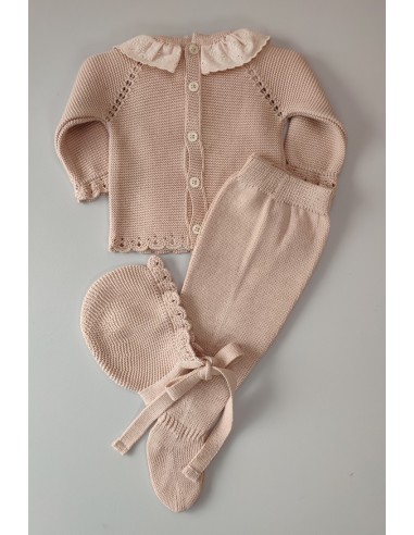 CONJUNTO NIÑA JUBÓN, POLAINA Y CAPOTA, COLOR NINFEA. VERANO 24.