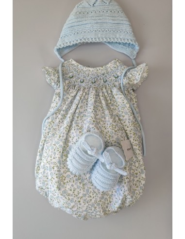 PELELE UNISEX PUNTO SMOCK FLORES, AZUL. VERANO 24.