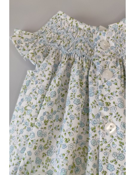 PELELE UNISEX PUNTO SMOCK FLORES, AZUL. VERANO 24.