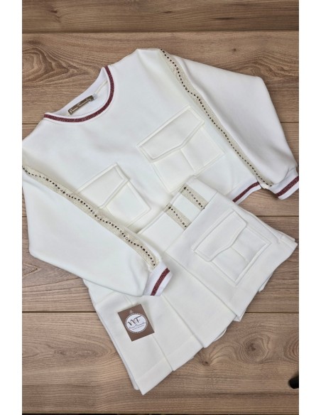 CONJUNTO NIÑA BOMBACHO Y SUDADERA COLECCIÓN TRENTO DE NOMA FERNÁNDEZ, CRUDO/ROSA. INVIERNO 24.