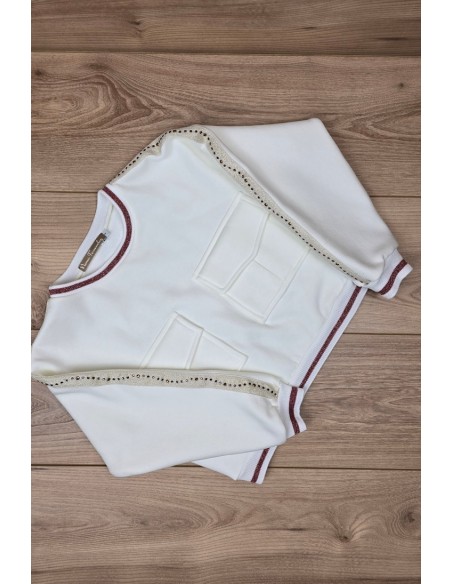 CONJUNTO NIÑA BOMBACHO Y SUDADERA COLECCIÓN TRENTO DE NOMA FERNÁNDEZ, CRUDO/ROSA. INVIERNO 24.