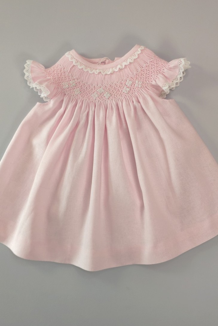 VESTIDO LINO PUNTO SMOCK, ROSA/BLANCO. VERANO 25.