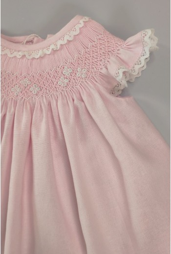 VESTIDO LINO PUNTO SMOCK, ROSA/BLANCO. VERANO 25. 2