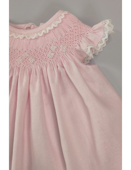 VESTIDO LINO PUNTO SMOCK, ROSA/BLANCO. VERANO 25.