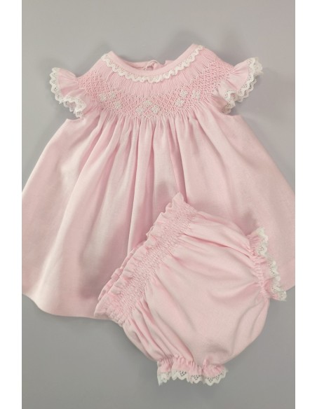 VESTIDO LINO PUNTO SMOCK, ROSA/BLANCO. VERANO 25.