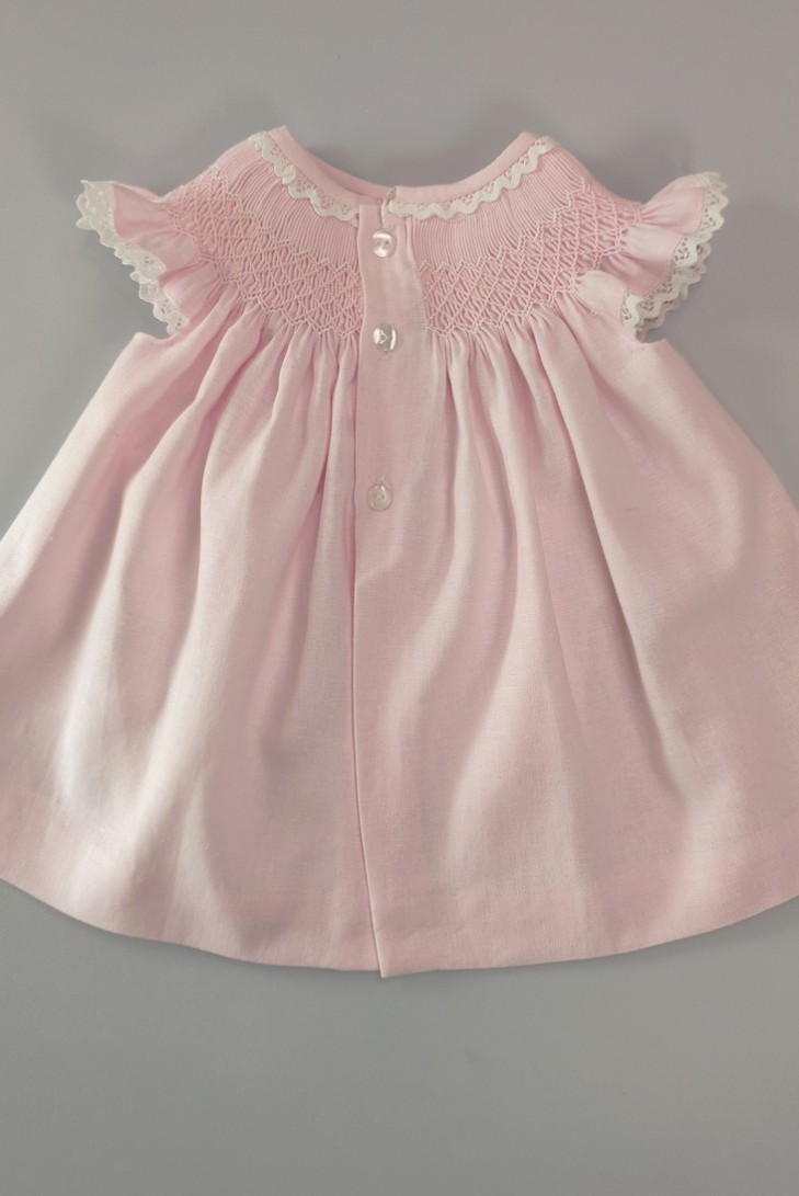 VESTIDO LINO PUNTO SMOCK, ROSA/BLANCO. VERANO 25.