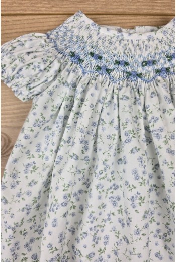 PELELE NIÑO BORDADO PUNTO SMOCK, FLORES AZUL. VERANO 25. 2