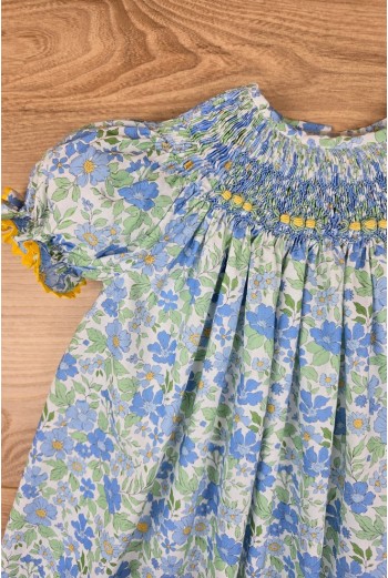 VESTIDO BORDADO PUNTO SMOCK, FLORES AZUL/AMARILLO. VERANO 25. 2