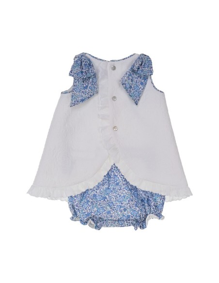 JESUSITO PUNTO SMOCK NIZA DE TARTALETA, PIQUÉ BLANCO/FLOR AZUL. VERANO 25.