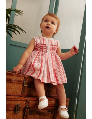 MINIDRESS PUNTO SMOCK DENIA DE TARTALETA, ROJO CORAL. VERANO 25.