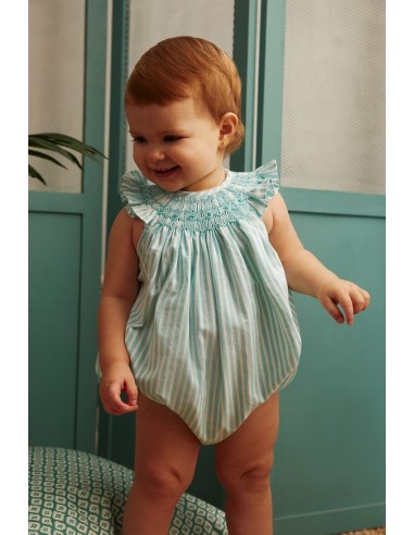 PELELE UNISEX PUNTO SMOCK PIXIE DE TARTALETA, TURQUESA. VERANO 25.