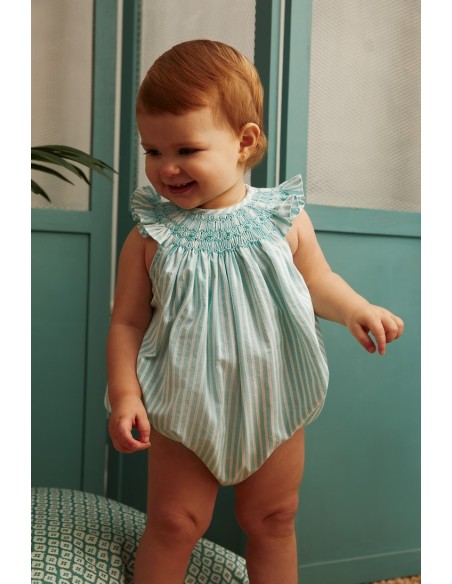 PELELE UNISEX PUNTO SMOCK PIXIE DE TARTALETA, TURQUESA. VERANO 25.