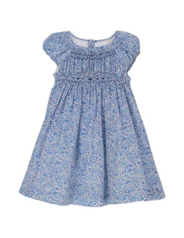 VESTIDO PUNTO SMOCK COQUET DE TARTALETA, AZUL. VERANO 25.