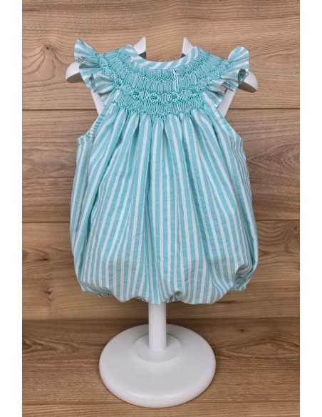 PELELE UNISEX PUNTO SMOCK PIXIE DE TARTALETA, TURQUESA. VERANO 25.