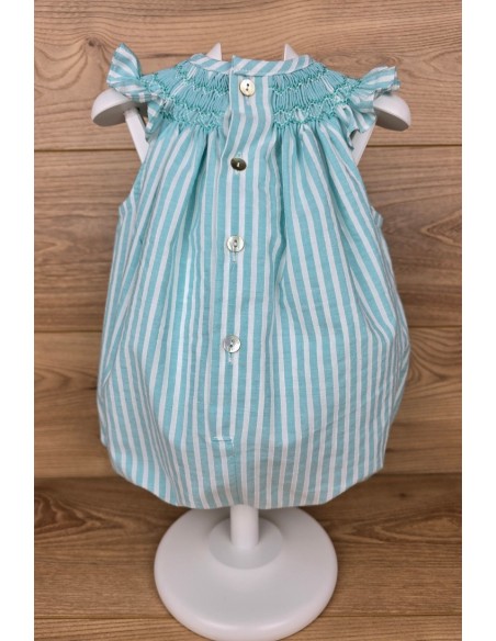 PELELE UNISEX PUNTO SMOCK PIXIE DE TARTALETA, TURQUESA. VERANO 25.