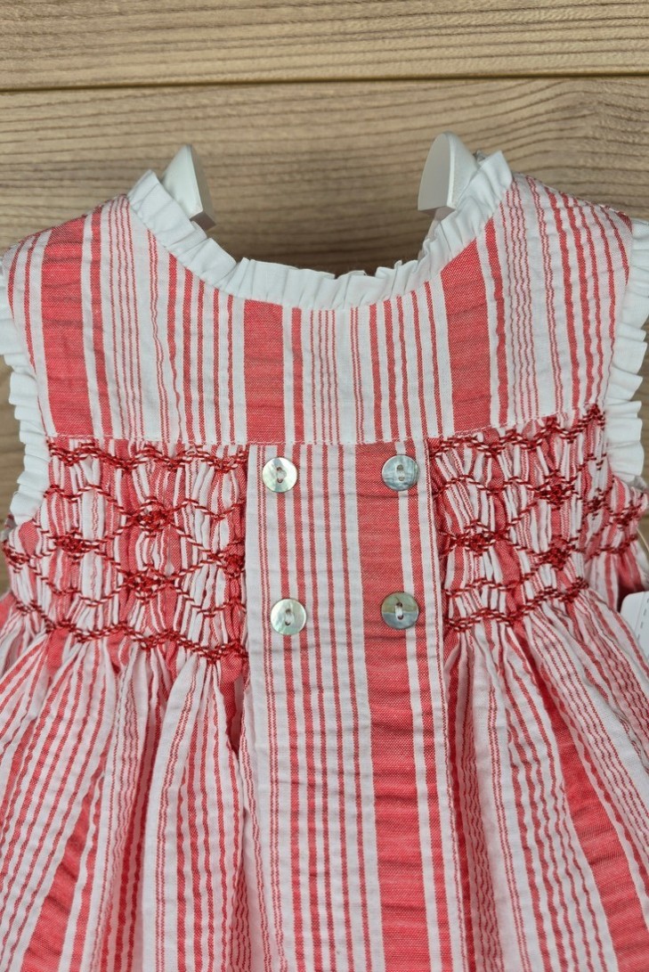 MINIDRESS PUNTO SMOCK DENIA DE TARTALETA, ROJO CORAL. VERANO 25.