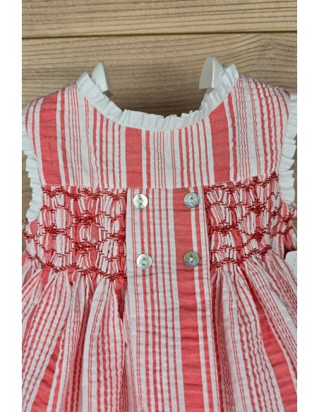 MINIDRESS PUNTO SMOCK DENIA DE TARTALETA, ROJO CORAL. VERANO 25.