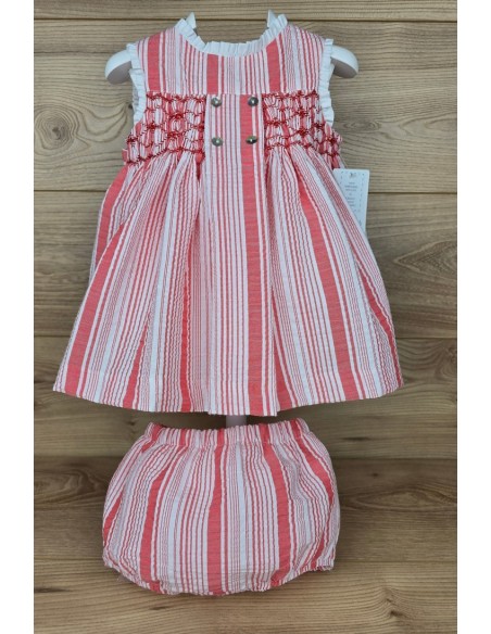MINIDRESS PUNTO SMOCK DENIA DE TARTALETA, ROJO CORAL. VERANO 25.
