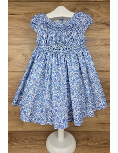 VESTIDO PUNTO SMOCK COQUET DE TARTALETA, AZUL. VERANO 25.