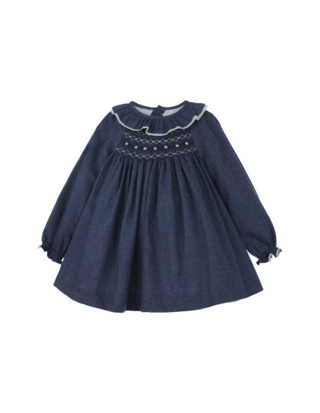 VESTIDO PUNTO SMOCK MARGOT DE TARTALETA, AZUL. INVIERNO 25.
