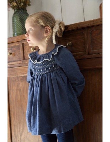 VESTIDO PUNTO SMOCK MARGOT DE TARTALETA, AZUL. INVIERNO 25.