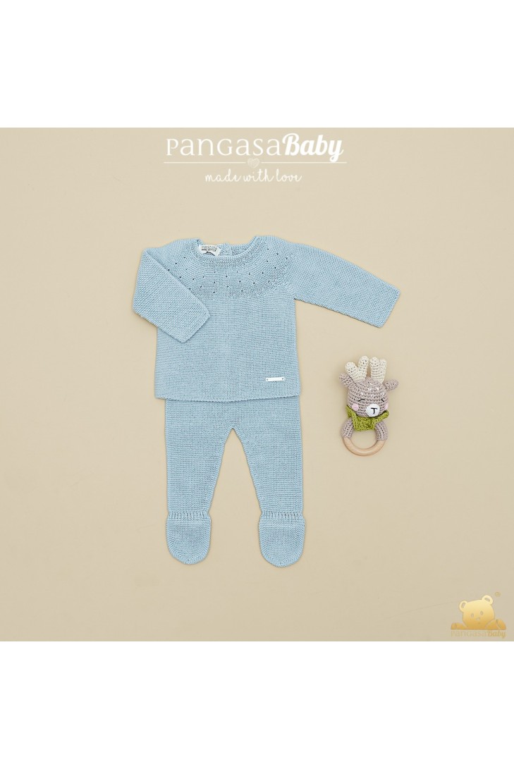 PRIMERA PUESTA UNISEX MOCETA DE PANGASA BABY, CELESTE EMPOLVADO. VERANO 26.