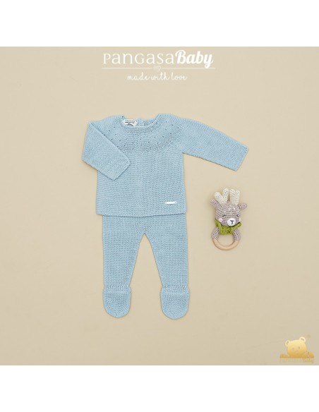 PRIMERA PUESTA UNISEX MOCETA DE PANGASA BABY, CELESTE EMPOLVADO. VERANO 26.