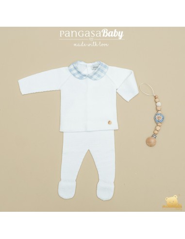 PRIMERA PUESTA NIÑO COLECCIÓN  VICHY DE PANGASA BABY, BLANCO/CELESTE EMPOLVADO. VERANO 26.