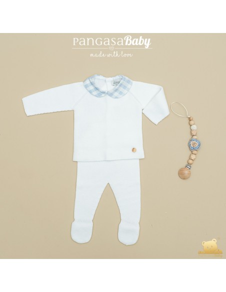 PRIMERA PUESTA NIÑO COLECCIÓN  VICHY DE PANGASA BABY, BLANCO/CELESTE EMPOLVADO. VERANO 26.
