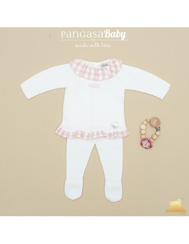 PRIMERA PUESTA NIÑA COLECCIÓN  VICHY DE PANGASA BABY, BLANCO/ROSA EMPOLVADO. VERANO 26.