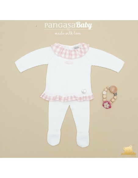 PRIMERA PUESTA NIÑA COLECCIÓN  VICHY DE PANGASA BABY, BLANCO/ROSA EMPOLVADO. VERANO 26.