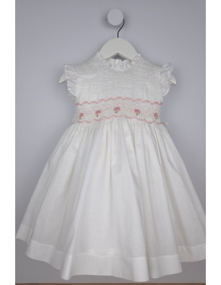 VESTIDO PUNTO SMOCK CAPRI DE TARTALETA, CRUDO/ROSA. VERANO 26.