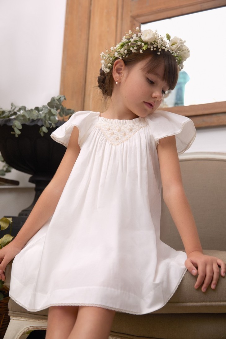 VESTIDO (HASTA TALLA 3A INCLUYE BRAGA) PUNTO SMOCK ALBA DE TARTALETA, CRUDO. VERANO 26.