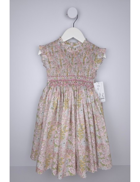 VESTIDO PUNTO SMOCK CAPRI DE TARTALETA, FONDO ROSA. VERANO 26.