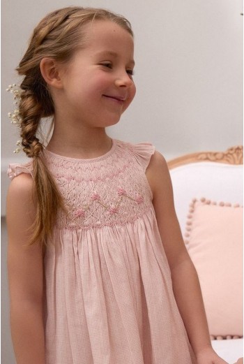 VESTIDO PUNTO SMOCK ROSAURA DE TARTALETA, ROSA. VERANO 26.