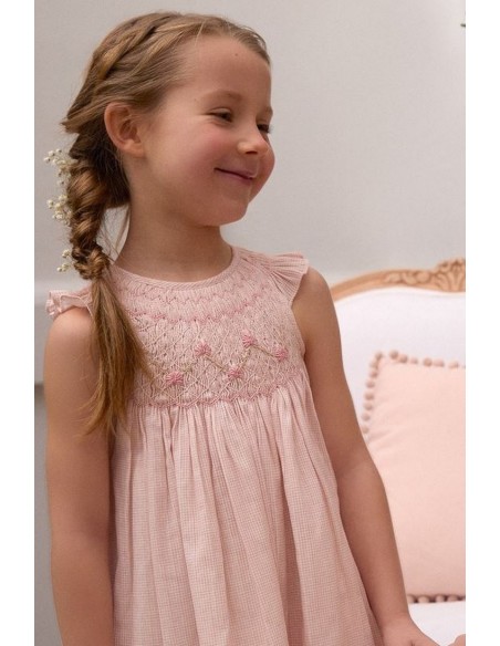 VESTIDO PUNTO SMOCK ROSAURA DE TARTALETA, ROSA. VERANO 26.