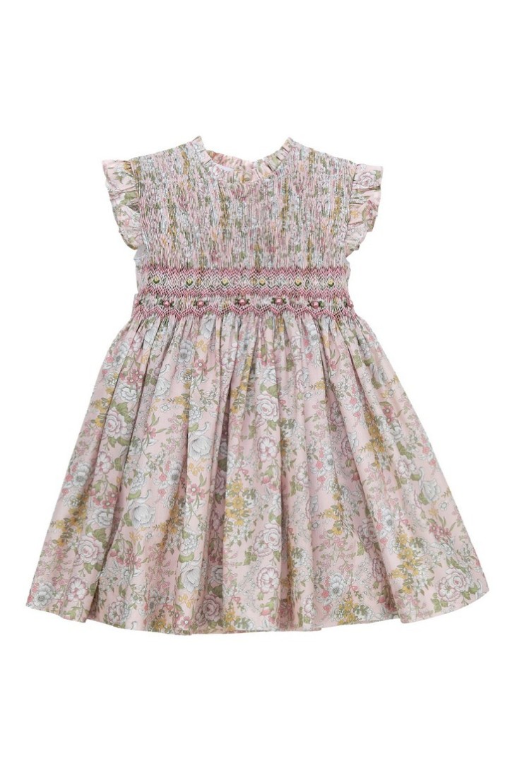 VESTIDO PUNTO SMOCK CAPRI DE TARTALETA, FONDO ROSA. VERANO 26.